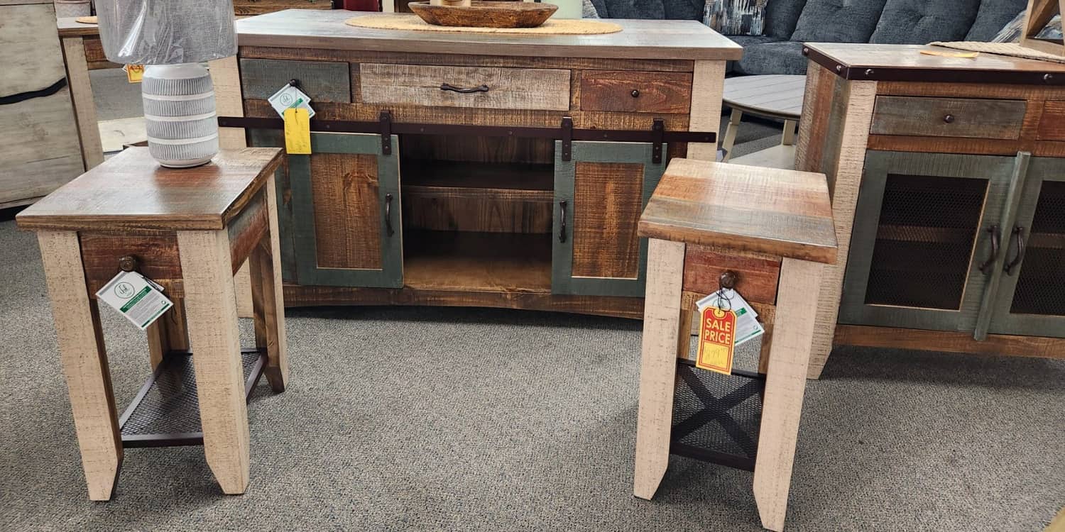 Rustic wood console and end tables on the first floor at Thieves Market