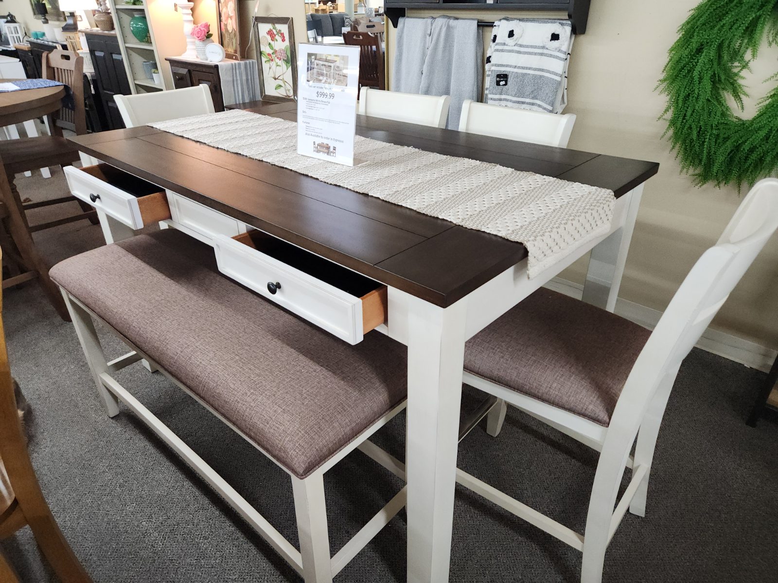 Table, 4 stools and bench